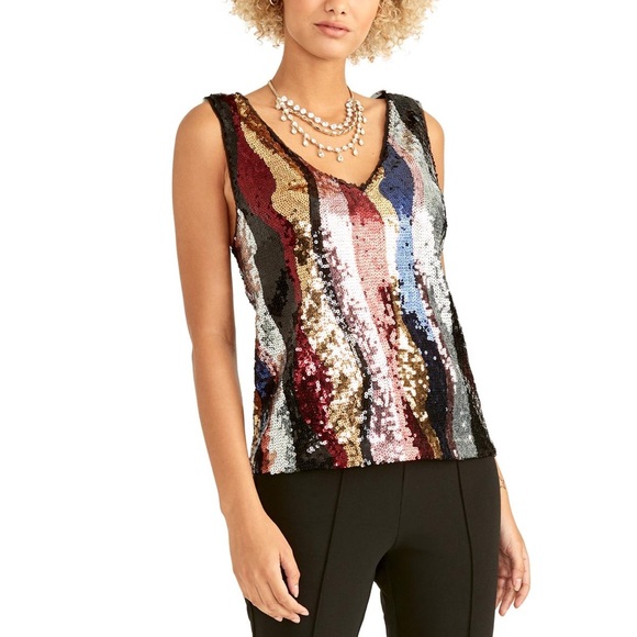 Rachel Roy sequin raw edge V neck shell tank - Picture 3 of 8